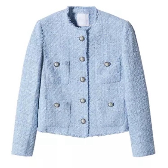 Mango Blogger Favorite Pocket Tweed Jacket Light Blue Pearl Buttons NWT Size XL - Picture 7 of 12